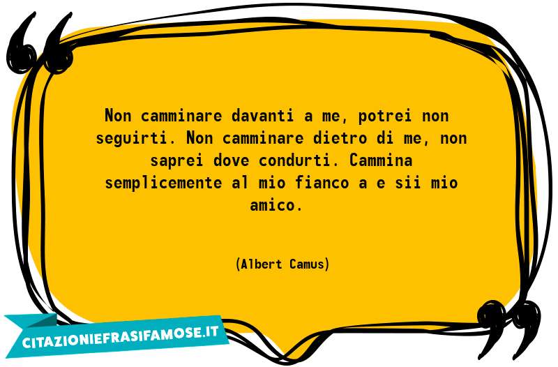 Non camminare davanti a me, potrei non seguirti. Non camminare dietro di me, non saprei dove condurti. Cammina semplicemente al mio fianco a e sii mio amico.